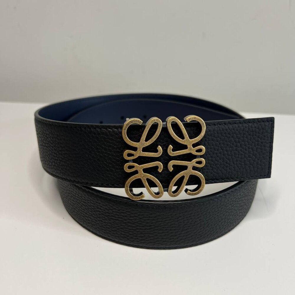 LOEWE Women's Black and Blue Reversible Anagram Leather Belt 80/32